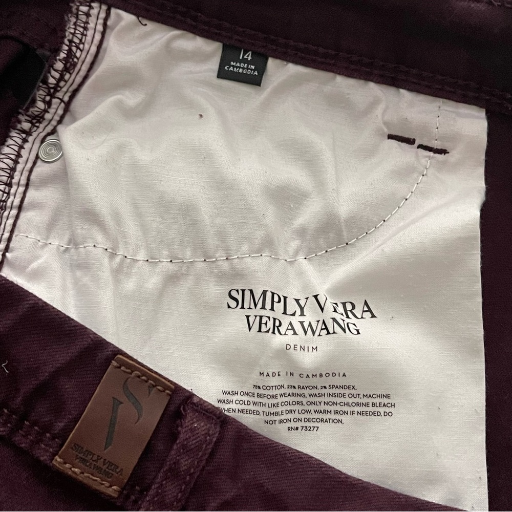 Simply Vera Vera Wang Jeans Skinny Stretch Denim Size 14 Eggplant - Picture 10 of 14